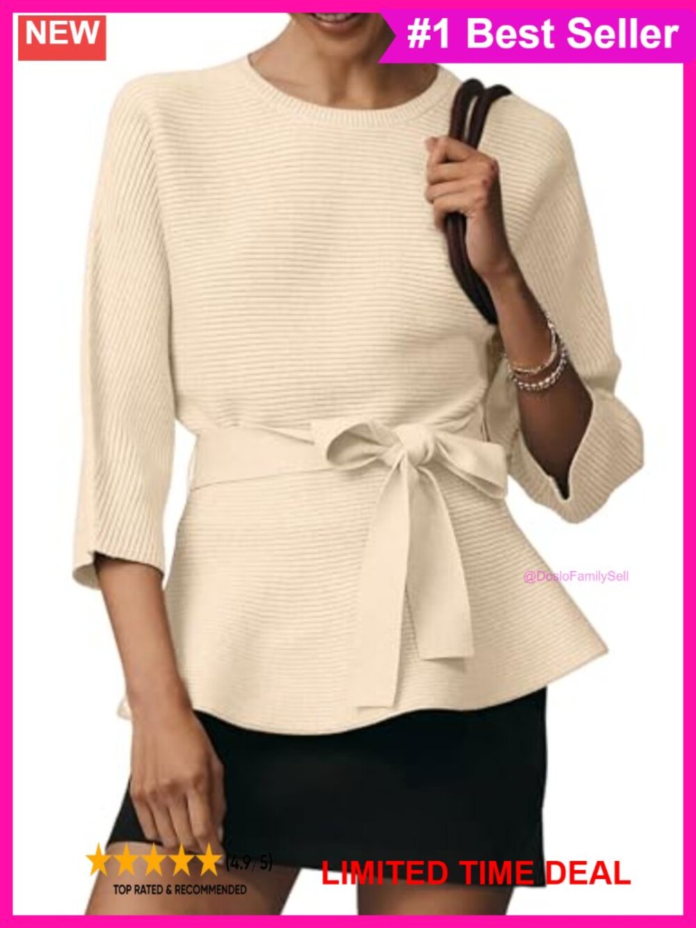 Ribbed Belted Sweater 3/4 Sleeve Crew Neck Pullover Tunic Top Loose Fit Knitwear